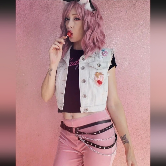 Dolls Kill Jackets & Blazers - 💝Kawaii princess cropped light wash ooak vest! Sparkles & pearls PRICE FIRM